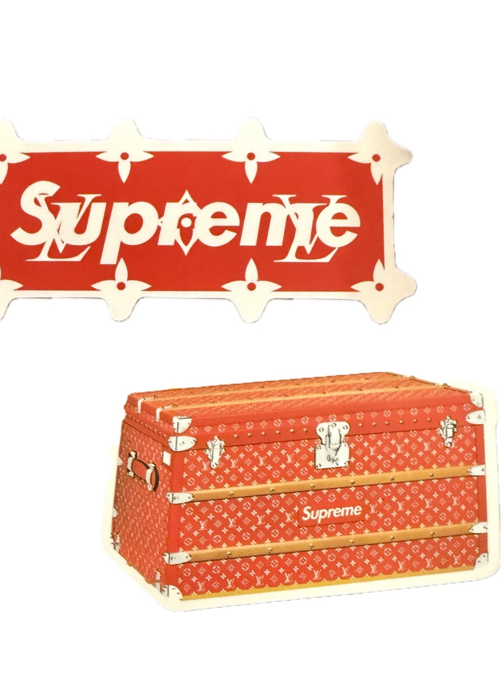 Supreme x Louis Vuitton Sticker Lot of 2 Red LV Monogram Trunk Logo Collectible